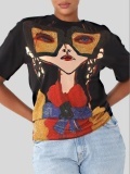 LW COTTON Dropped Shoulder Sequined Figure Print T-shirt