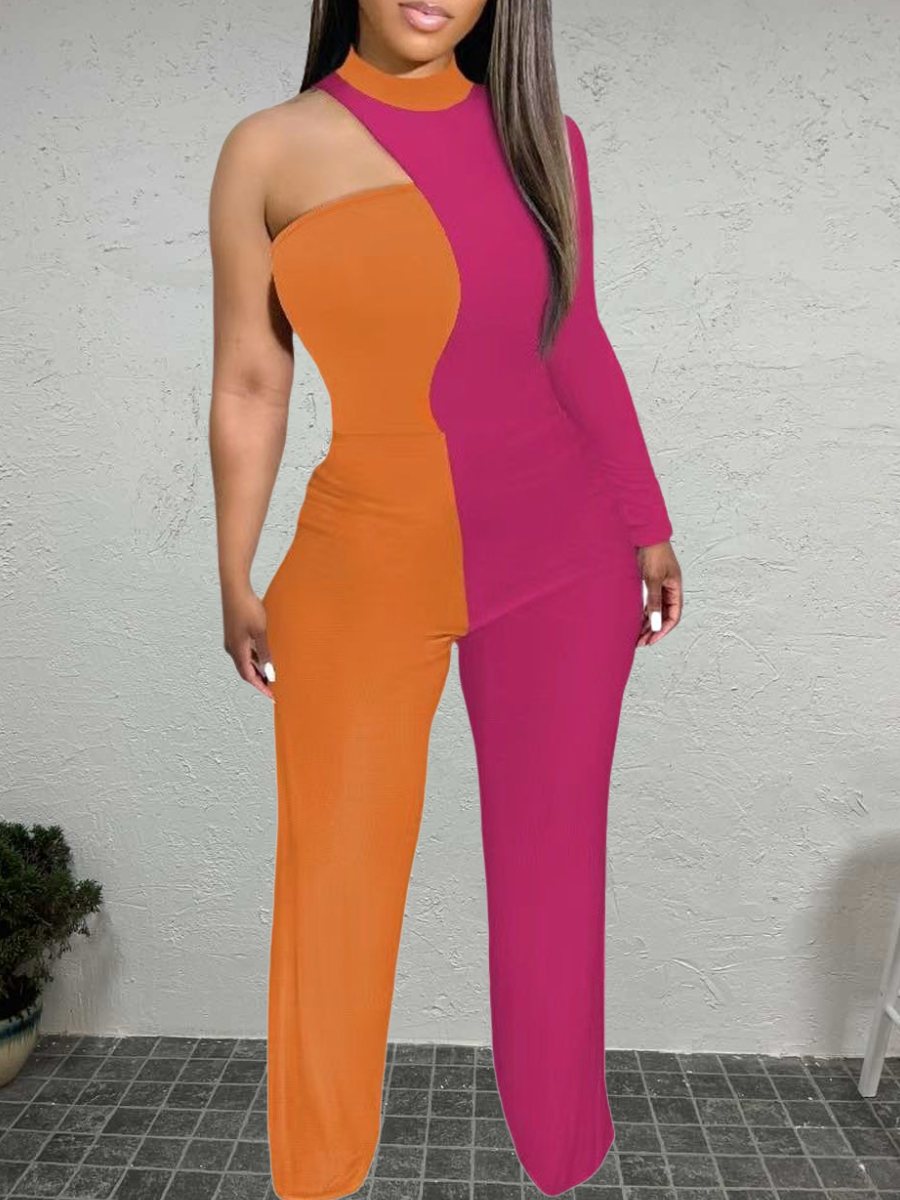 LW Plus Size One Shoulder Patchwork Skinny Jumpsuit