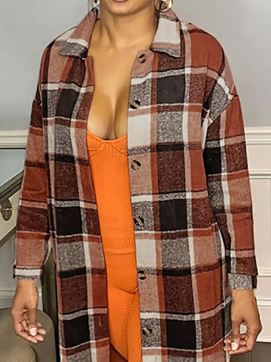 LovelyWholesale Plaid Print Woolen Trench Coat Fall Casual Turndown Collar Spring Summer 2024