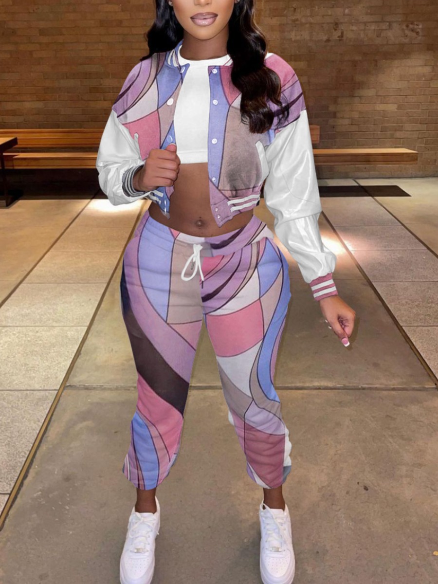 LovelyWholesale Crop Top Geometric Print Drawstring Pants Set Fall Long Sleeve Casual Baseball Collar Spring Summer 2024