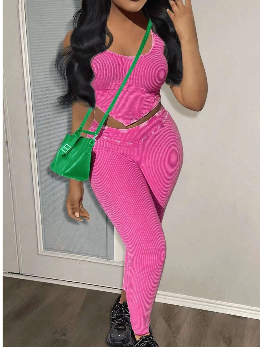 LovelyWholesale BASICS Vests Crop Top Solid Color Two-piece Pants Set Spring Sleeveless Casual U Neck Spring Summer 2024