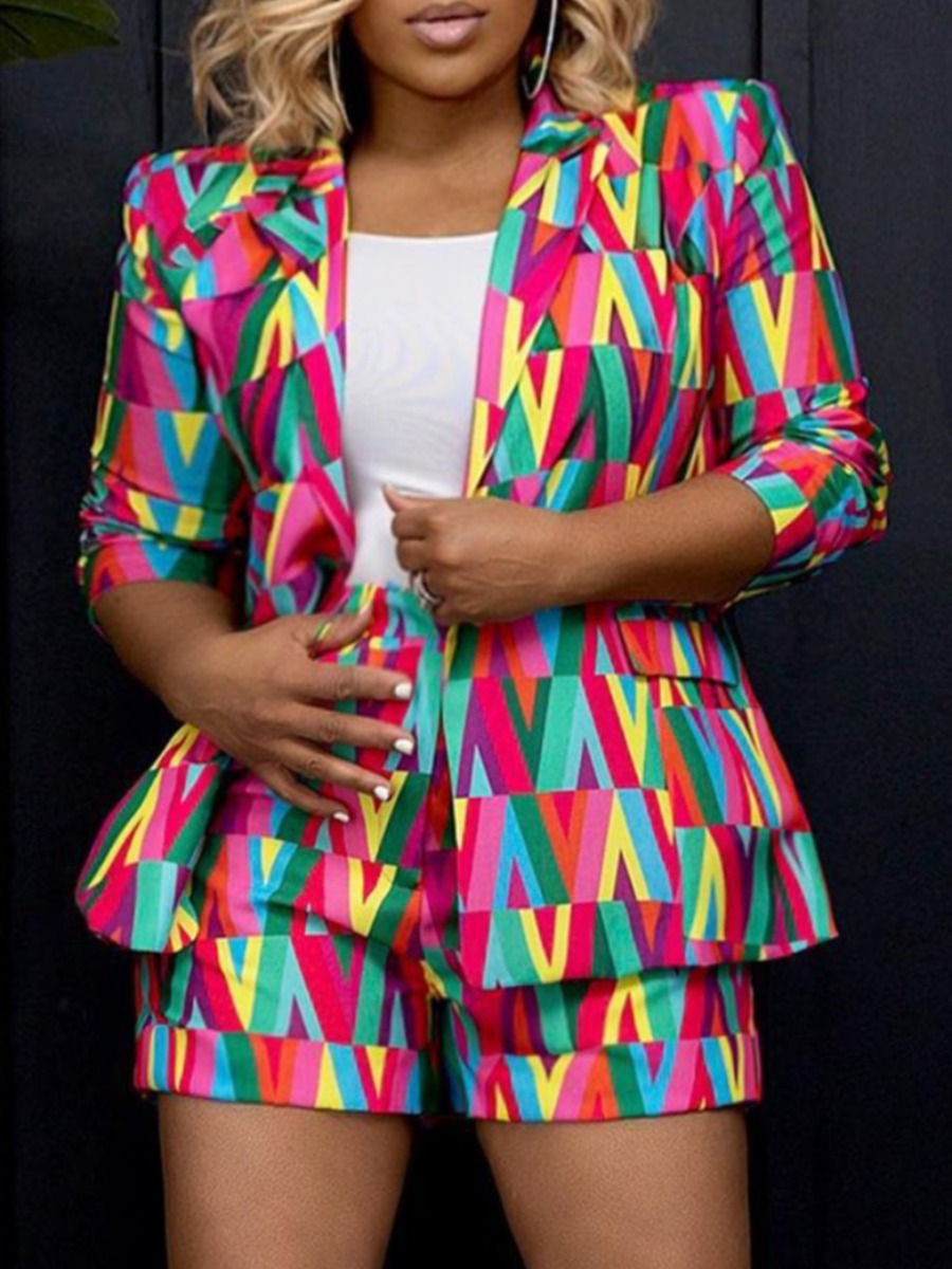 LW Plus Size Geometric Print Patchwork Blazer Shorts Set