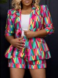 LW Plus Size Geometric Print Patchwork Blazer Shorts Set