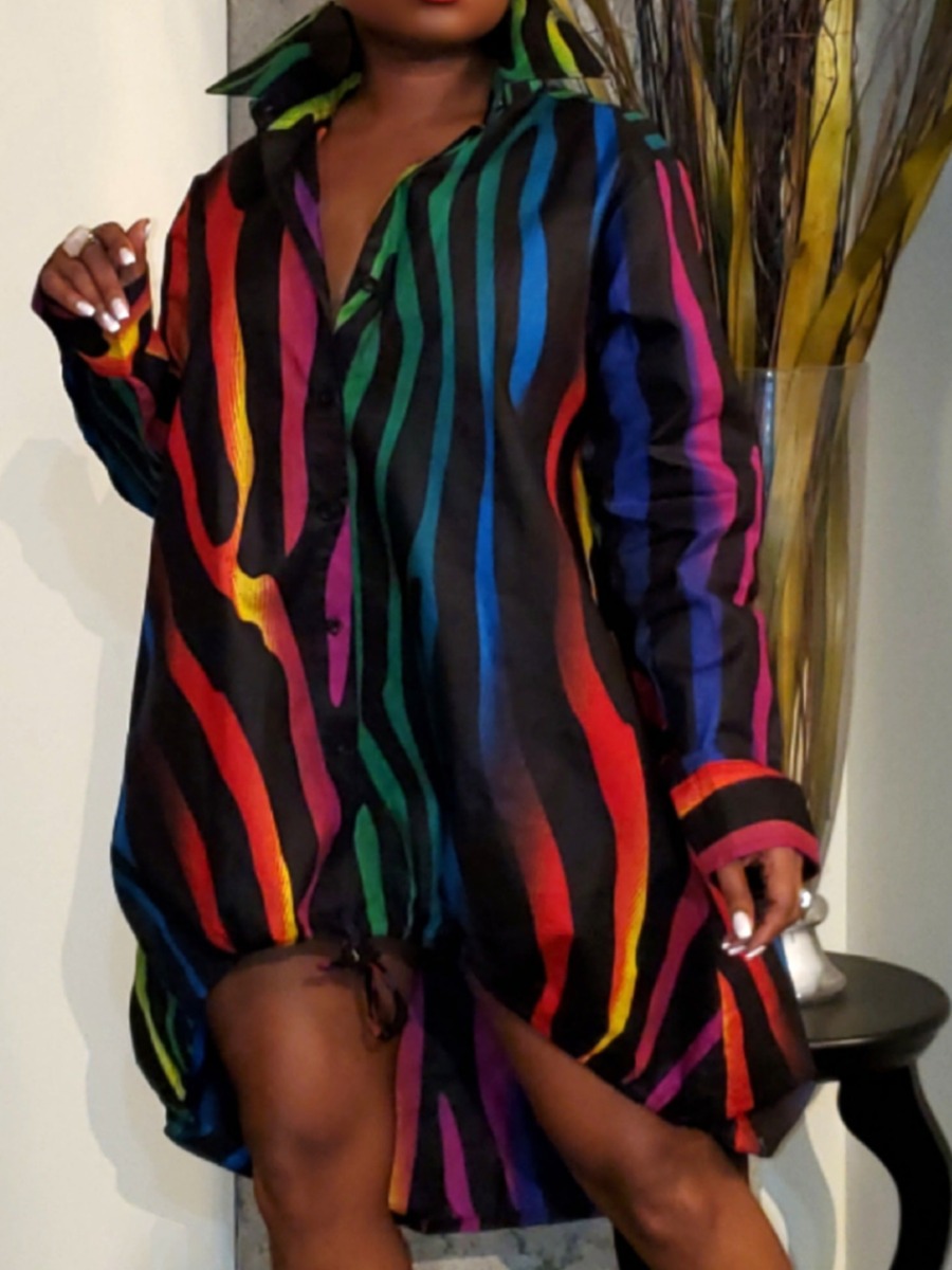 LovelyWholesale Plus Size Gradient Striped Shirt Dress Fall Long Sleeve Casual Button Design Turndown Collar  3X Spring Summer 2024