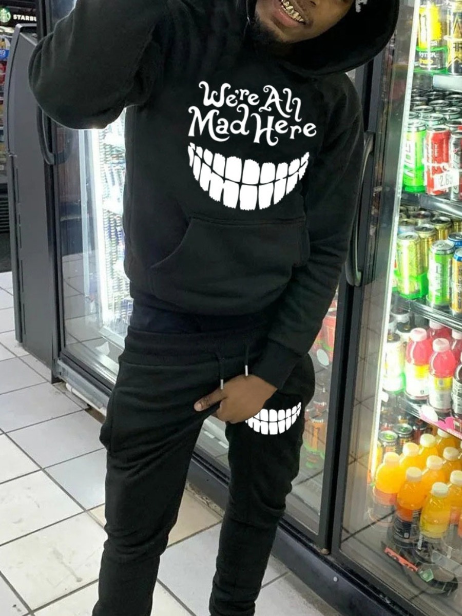 LW Men Teeth Letter Print Kangaroo Pocket Design Tracksuit Set