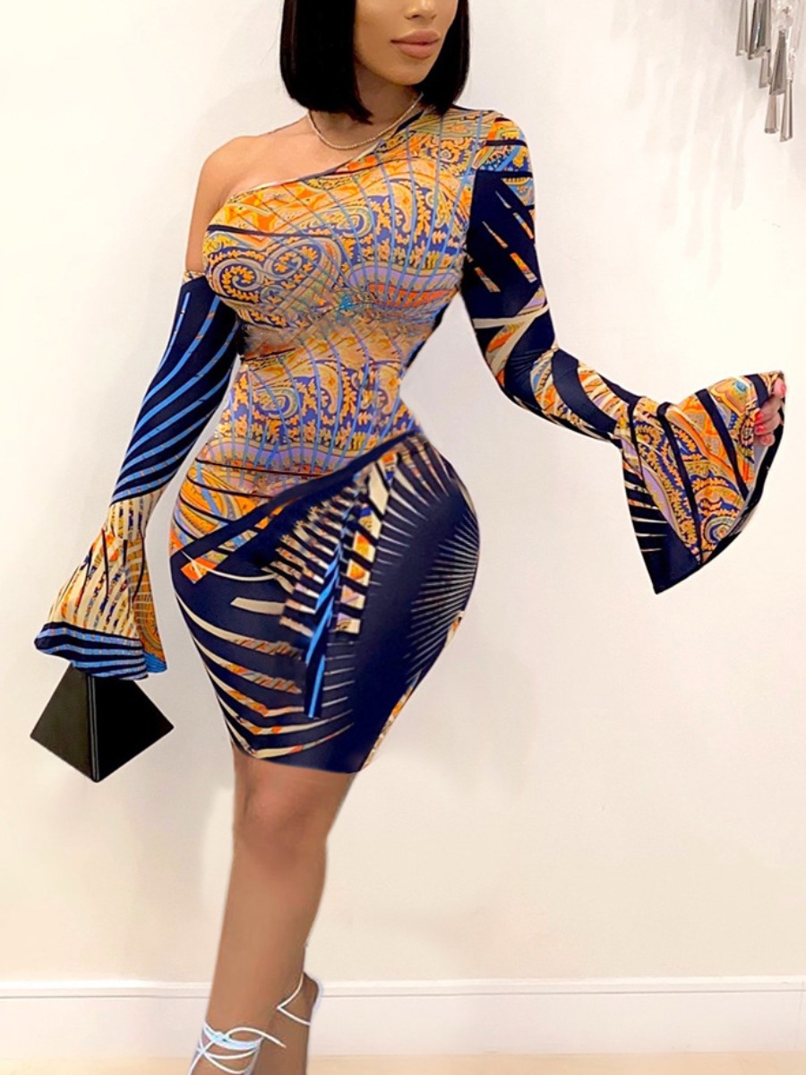 LovelyWholesale Plus Size One Shoulder Mixed Print Flared Bodycon Dress Fall Long Sleeve Elegant Pattern One Shoulder  3X Spring Summer 2024