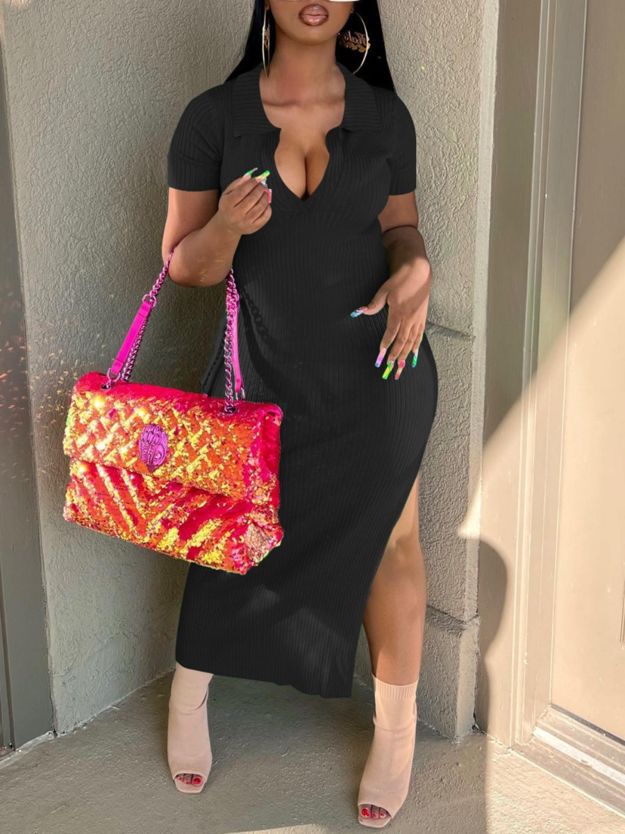LovelyWholesale Rib Knit Thigh Slit Bodycon Dress Summer Short Sleeve Casual High Split Notch Neck Spring Summer 2024