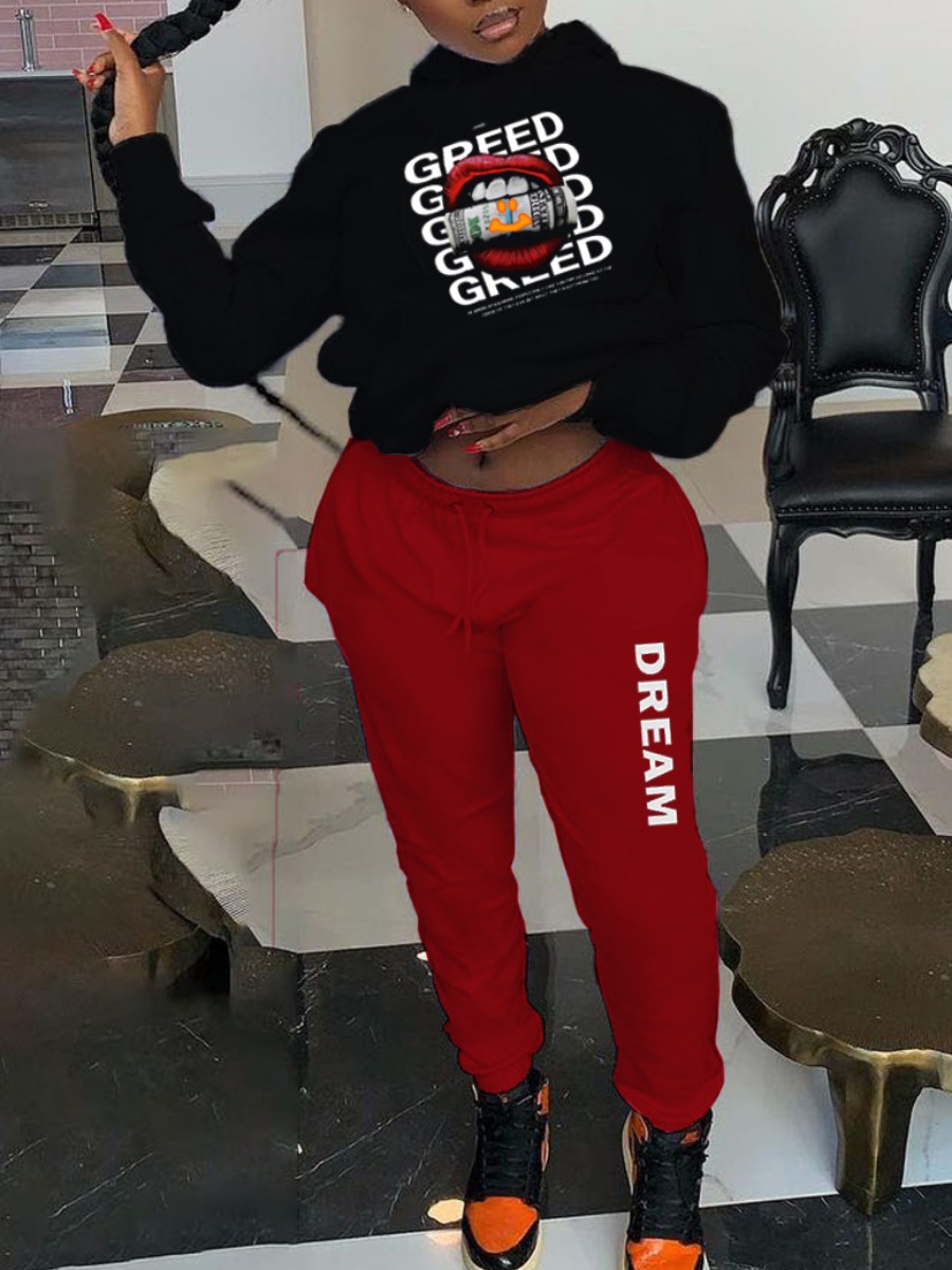 LW Lip Letter Money Print Kangaroo Pocket Tracksuit Set