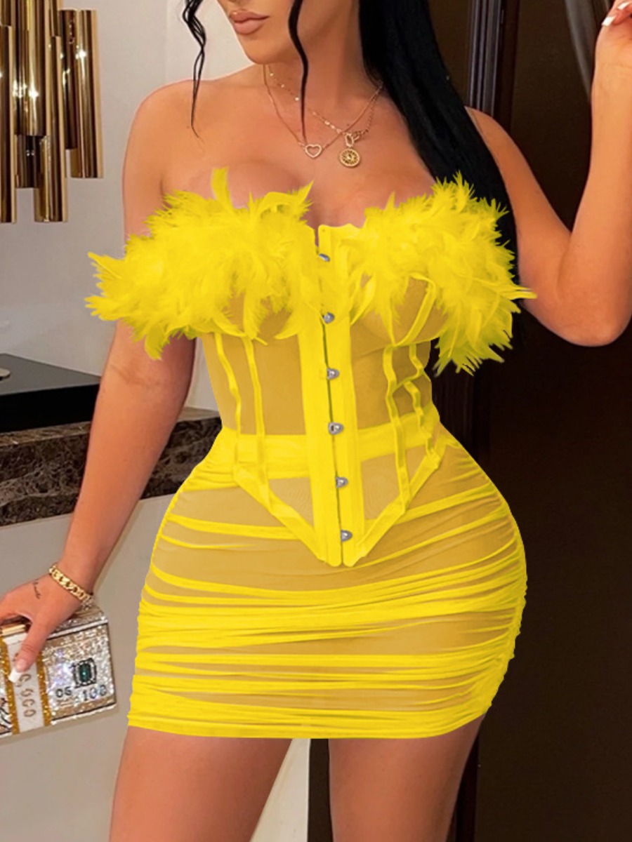 LovelyWholesale Off The Shoulder See Through Feather Decor Skirt Set Summer Sleeveless Dress Strapless Spring Summer 2024