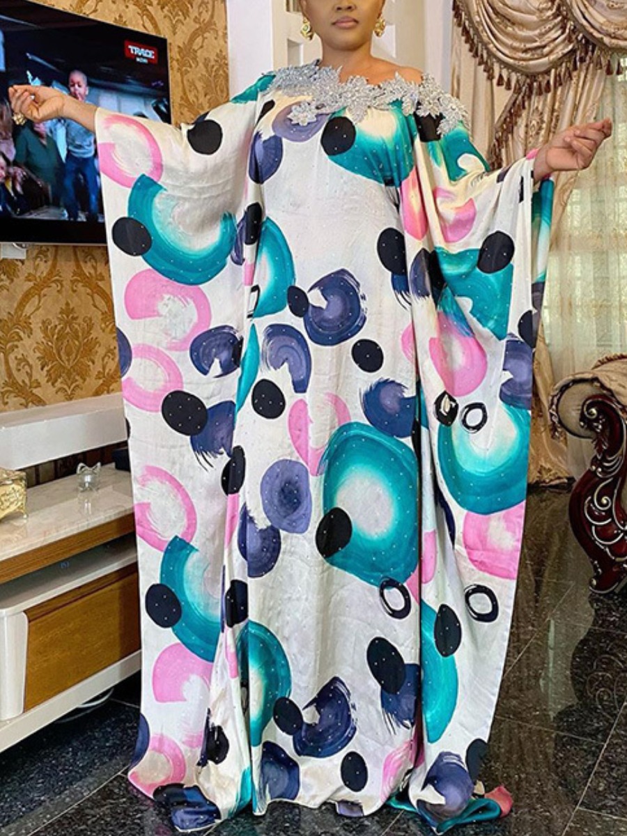 LW Plus Size Batwing Sleeve Mixed Print Rhinestone Decor Loose Dress