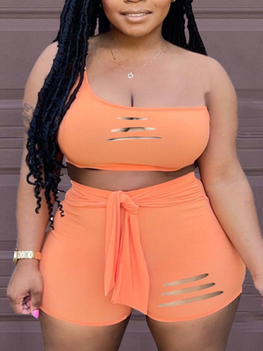 LW One Shoulder Bandage Design Ripped Shorts Set
