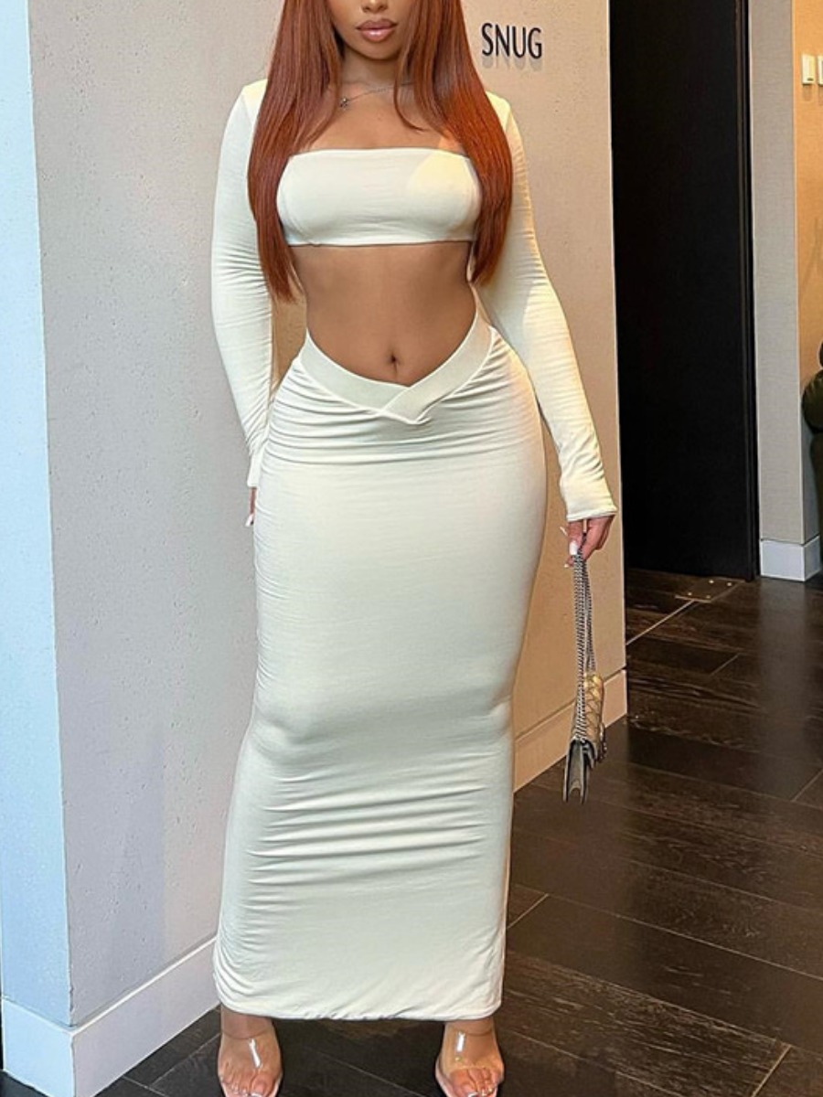 LovelyWholesale BASICS Crop Top Skinny Skirt Set Spring Long Sleeve Casual Crop Top Square Collar Spring Summer 2024