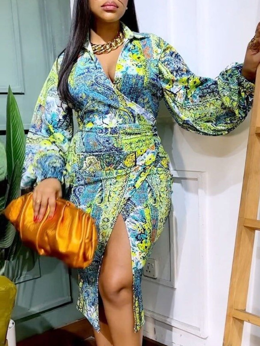 LW Plus Size Mixed Print High Split Wrapped Dress