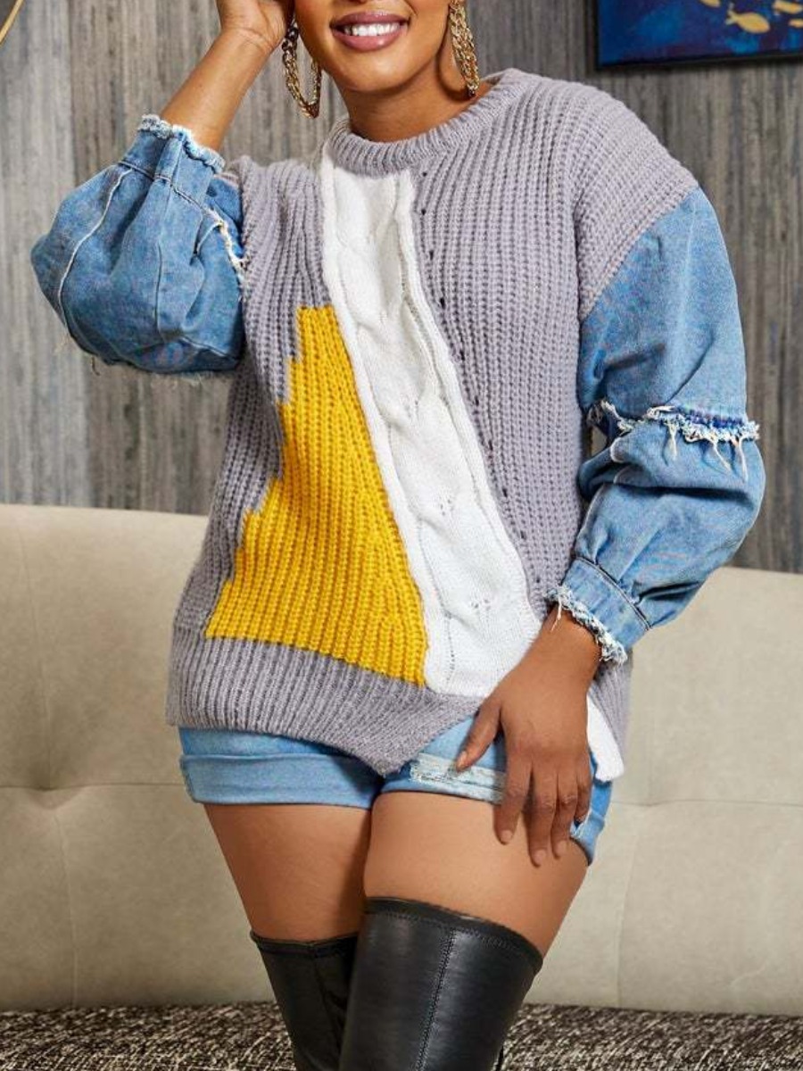 LW Plus Size Dropped Shoulder Denim Patchwork Sweater