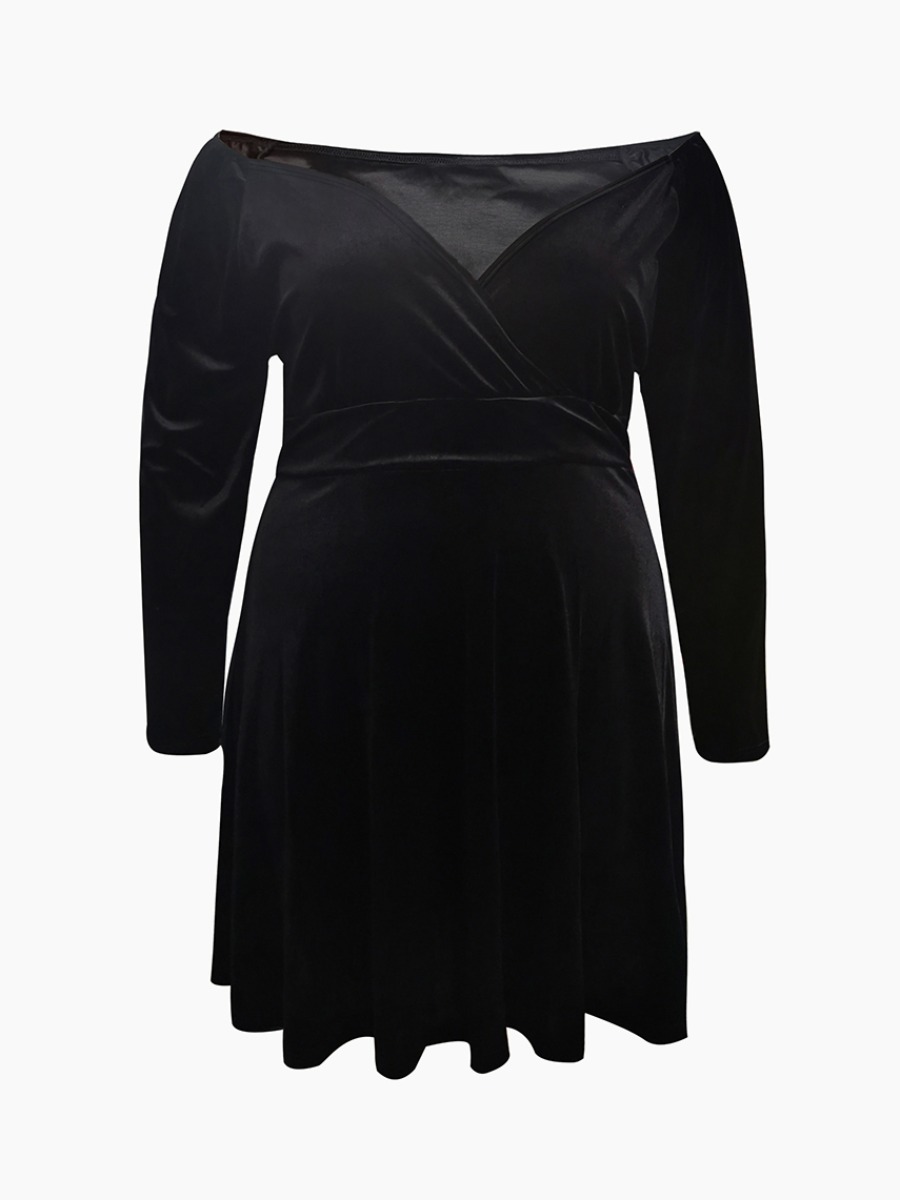 LW BASICS Plus Size Velvet V Neck Plain A Line Dress 4X