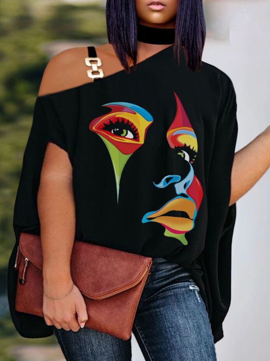 LW Plus Size One Shoulder Figure Print Chain Decor T-shirt