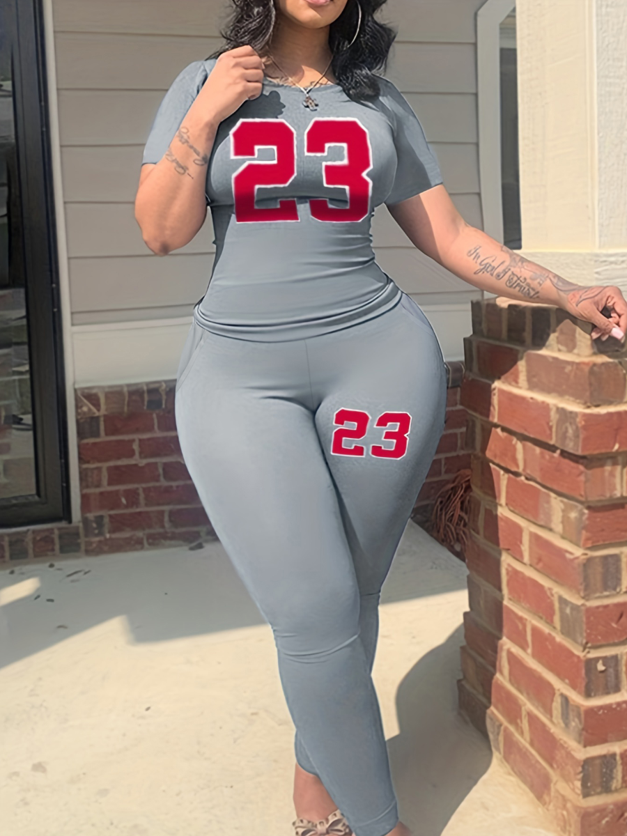 LW Plus Size Pocket Design Letter Print Skinny Two-piece Pants Set