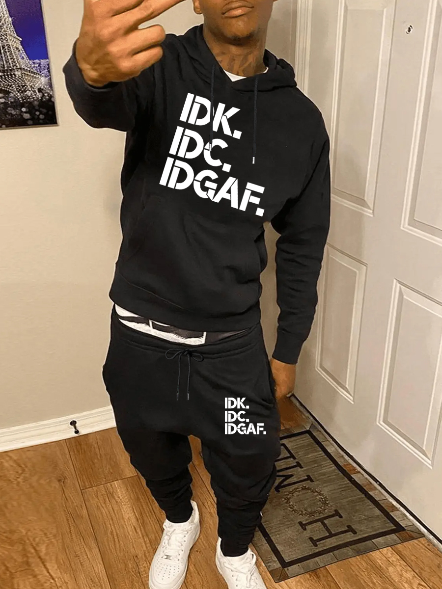 LW Men Letter Print Kangaroo Pocket Tracksuit Set