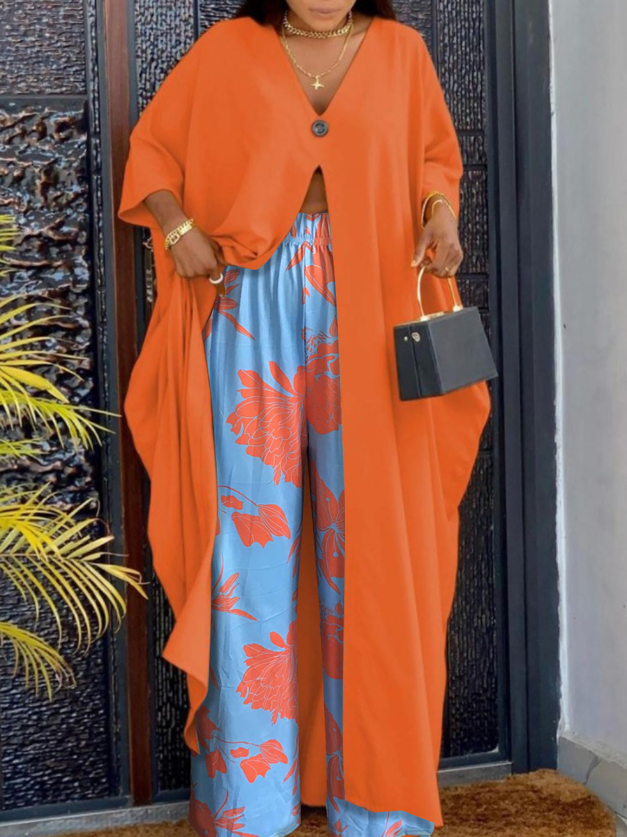 LW Floral Print Button Design Front Split Wide Leg Pants Set