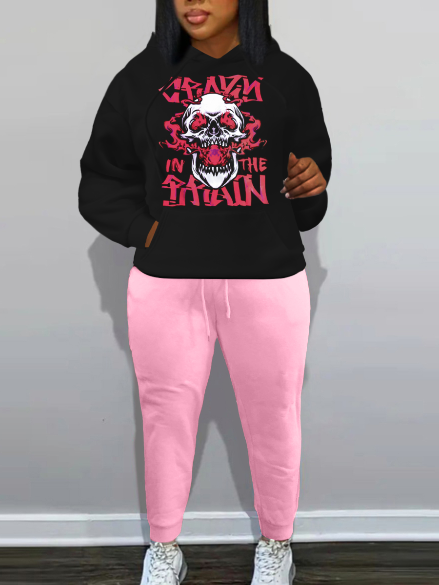 LW Plus Size Skull Head Letter Print Kangaroo Pocket Tracksuit Set