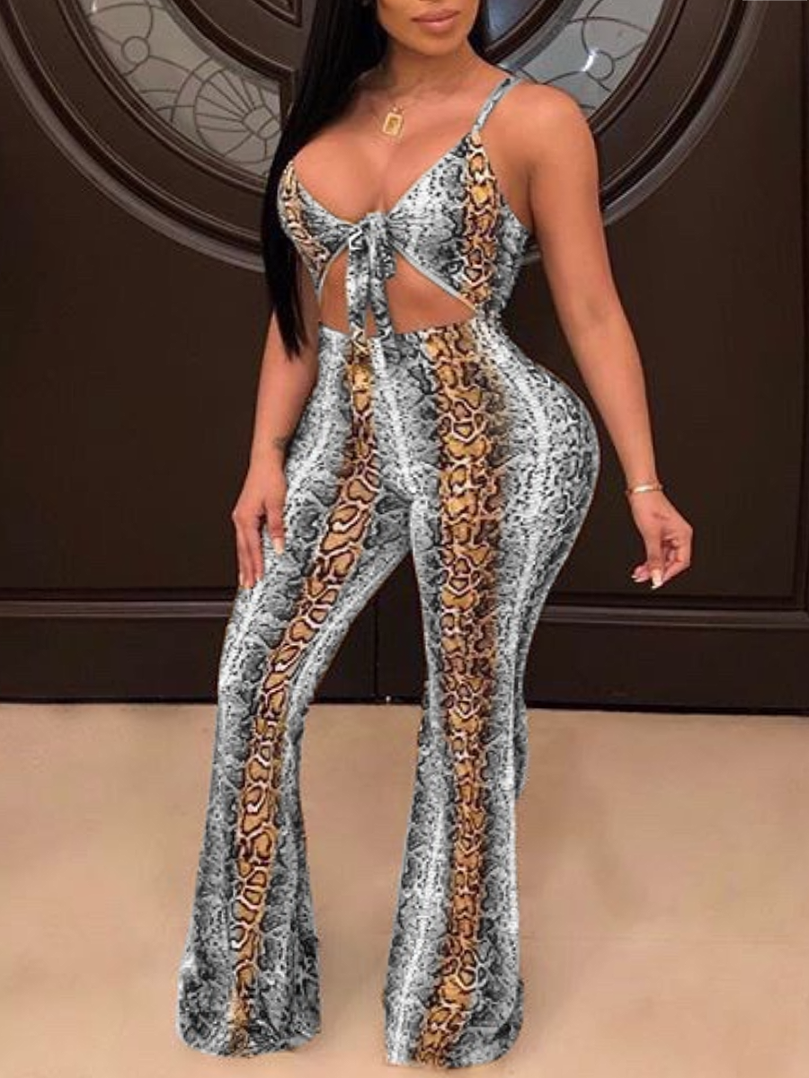LW Plus Size Cobra Print Bandage Design Flared Pants Set