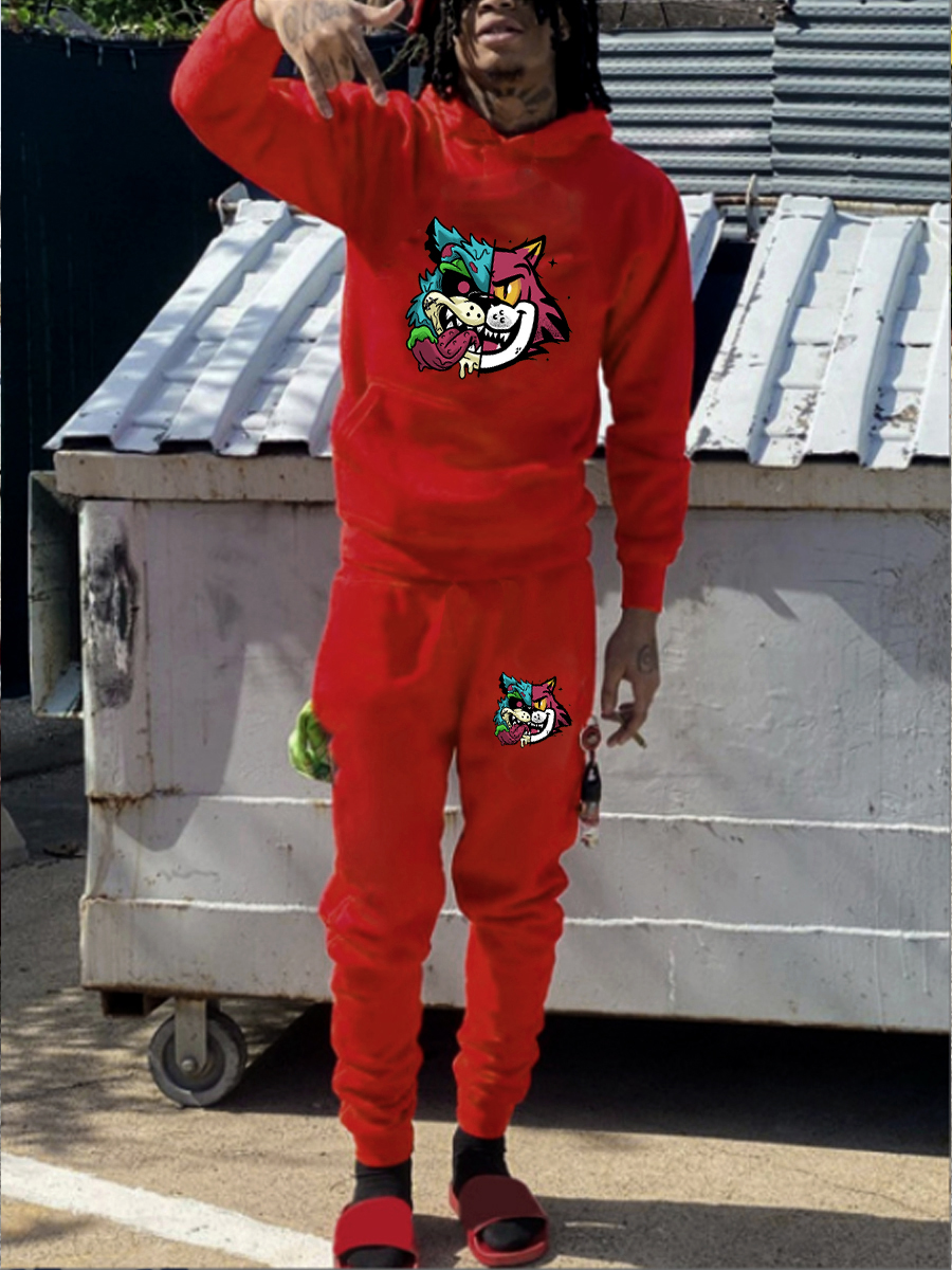 LovelyWholesale Men Cartoon Print Kangaroo Pocket Tracksuit Set Fall Casual Hooded Collar Spring Summer 2024