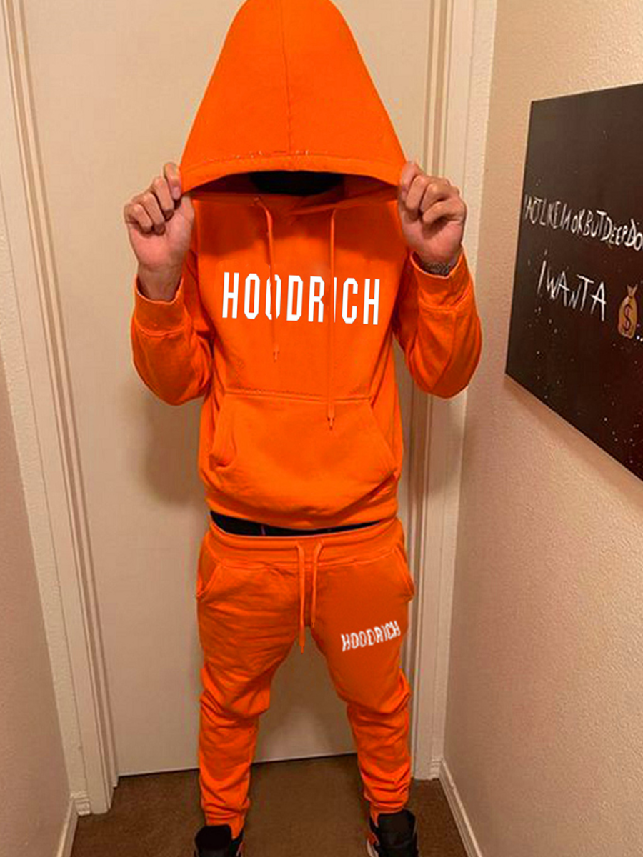 LW Men Letter Print Kangaroo Pocket Tracksuit Set