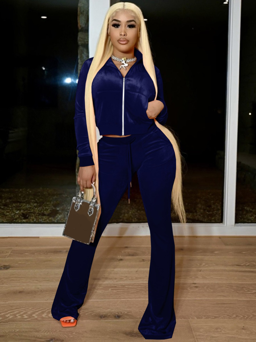 LovelyWholesale Velvet Crop Top Drawstring Flared Pants Set Fall Long Sleeve Casual Lace Up Turndown Collar Spring Summer 2024