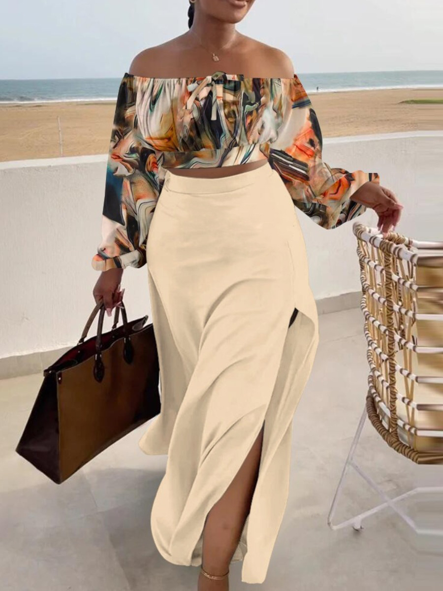 LW Plus Size Off The Shoulder Drawstring Side Slit Skirt Set