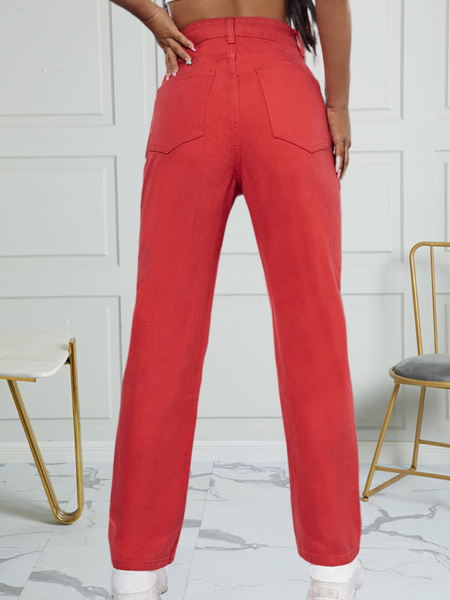 LW Pocket Design Solid Loose No Stretchy Jeans