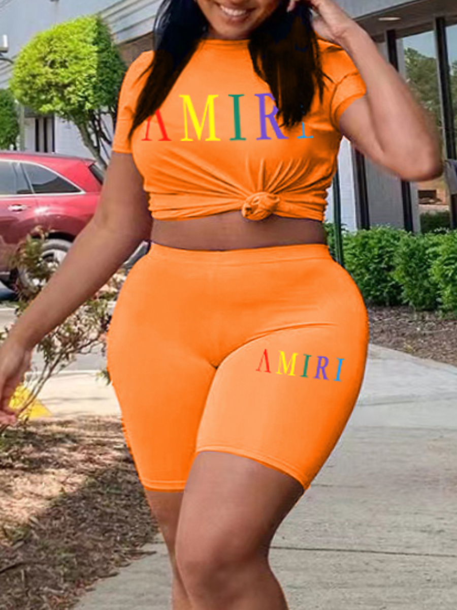 LovelyWholesale Plus Size Round Neck Letter Print Shorts Set Summer Short Sleeve Casual Round Neck  5X Spring Summer 2024