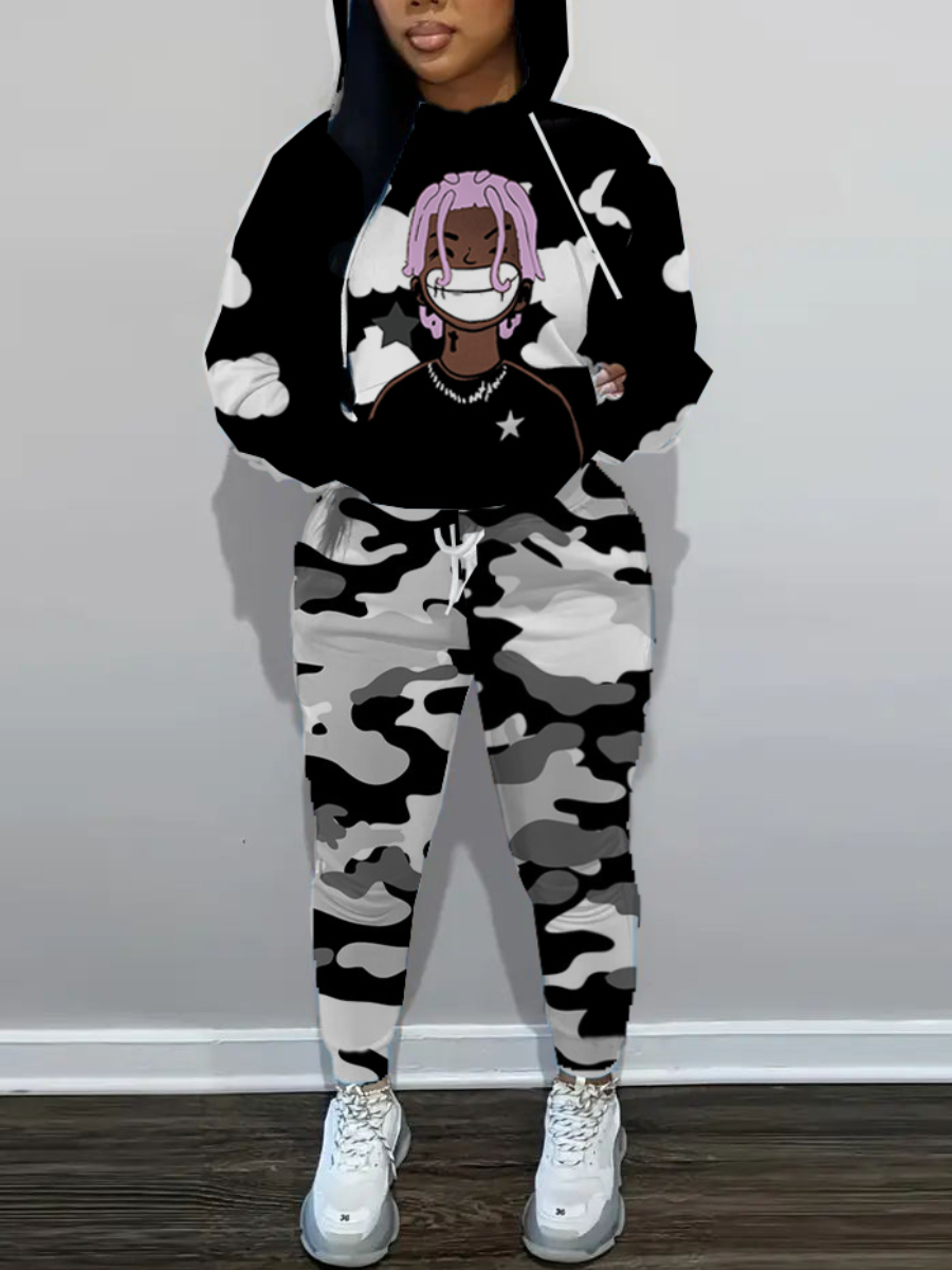 LW Pattern Kangaroo Pocket Cartoon Print Loose Hoodie