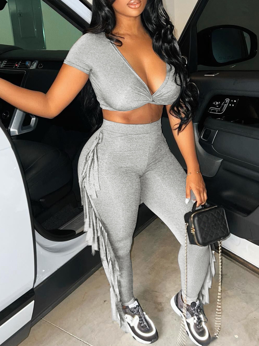 LovelyWholesale Crop Top Tassel Design High Waist Pants Set Spring Short Sleeve Casual V Neck Spring Summer 2024