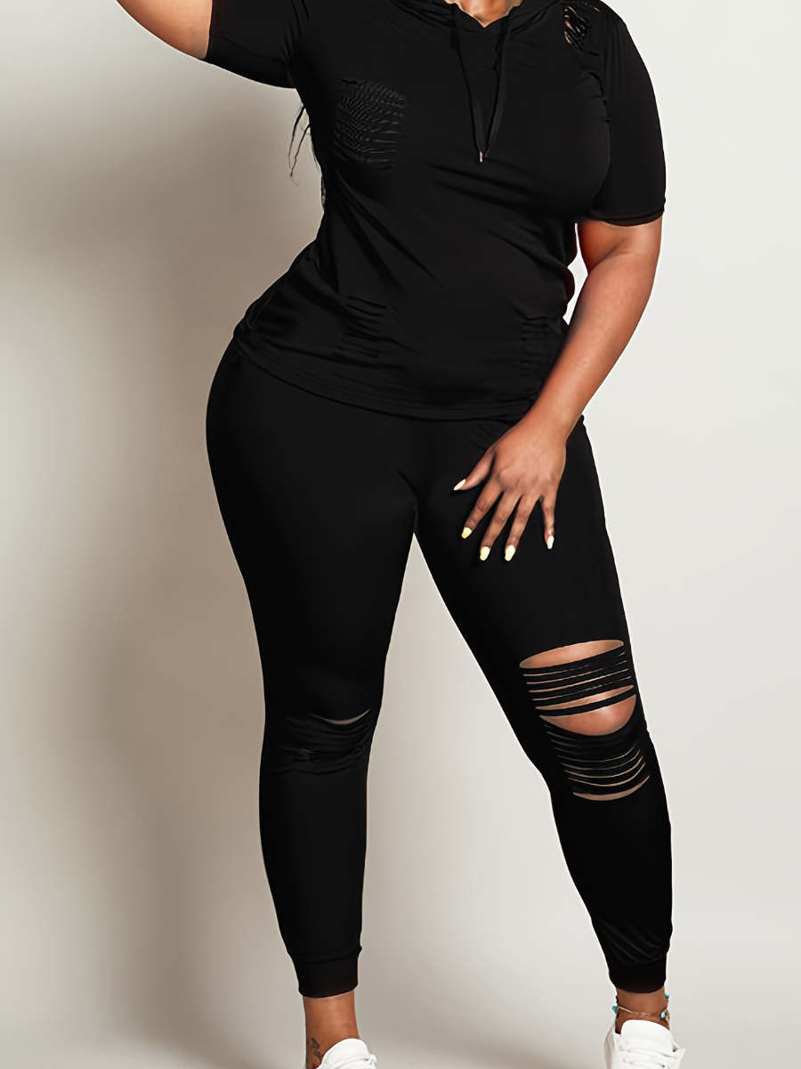 LW Plus Size Hooded Collar Ripped Tracksuit Pants Set