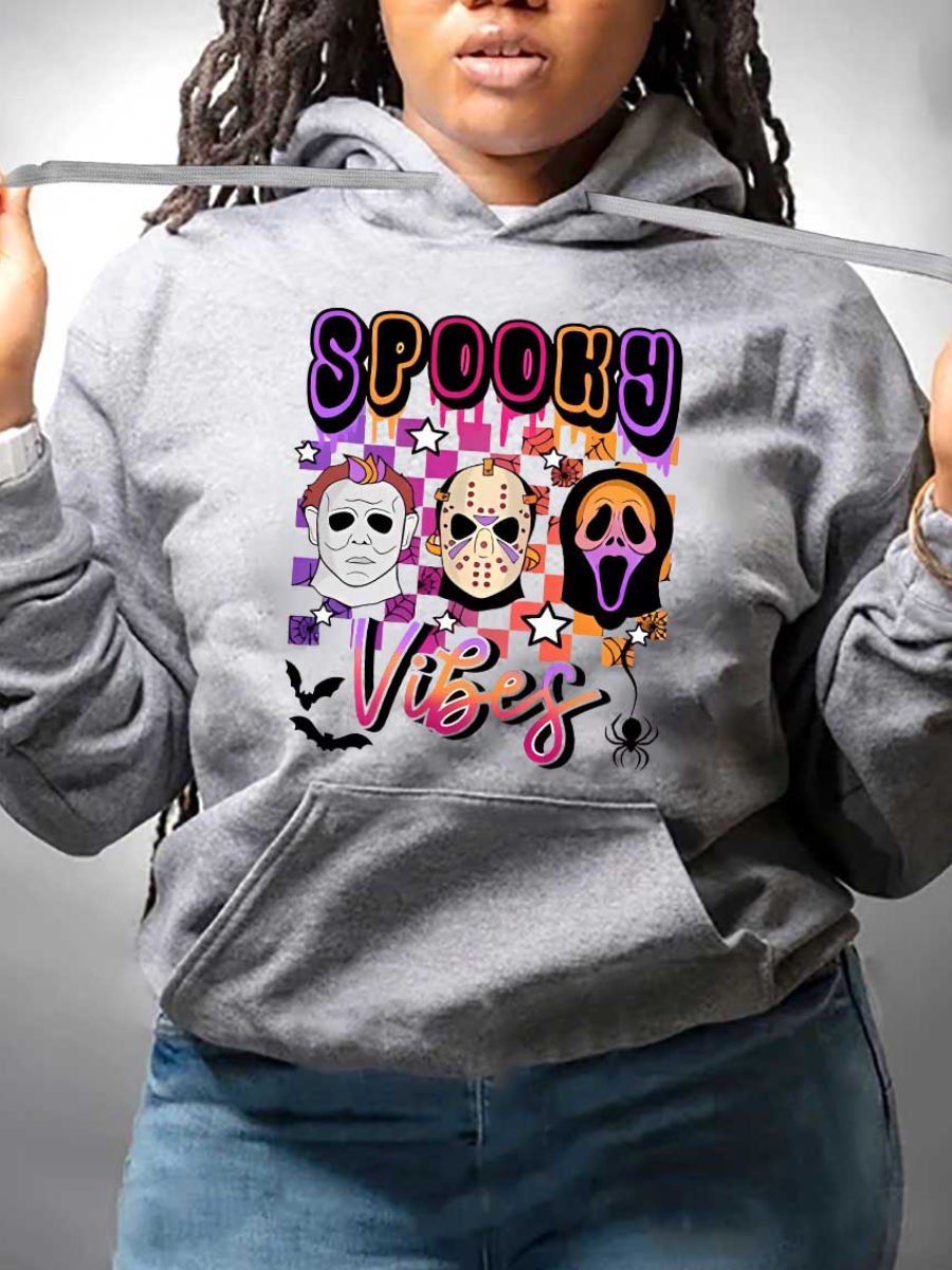 LW Plus Size Skull Head Letter Print Kangaroo Pocket Hoodie