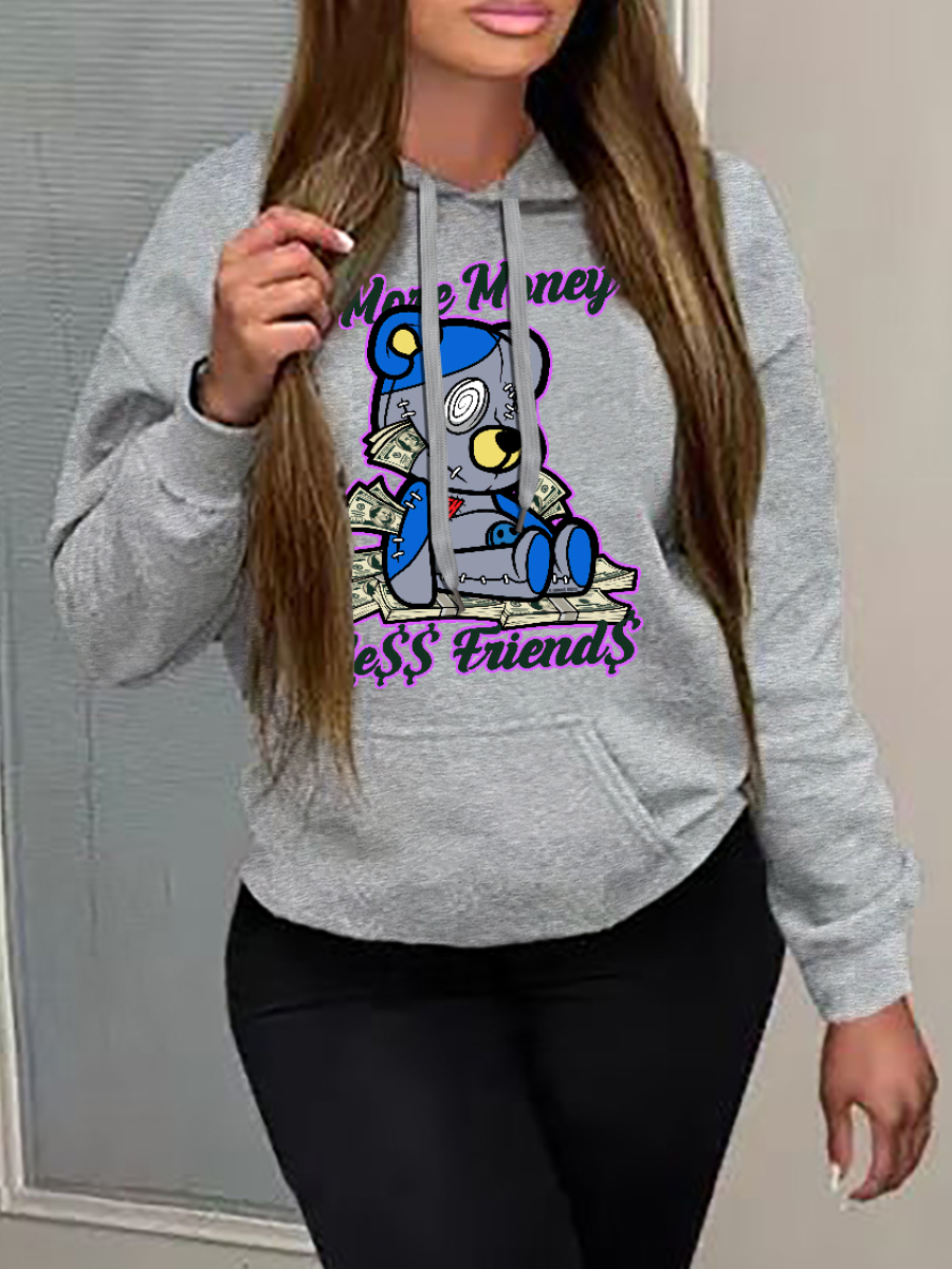 LW Plus Size Cartoon Letter Print Kangaroo Pocket Hoodie