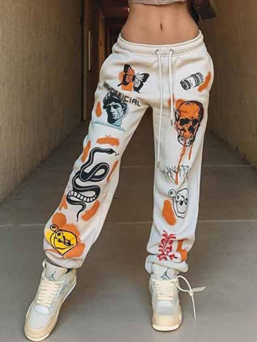 LW Butterfly Skull Head Mixed Print Drawstring Sweatpants