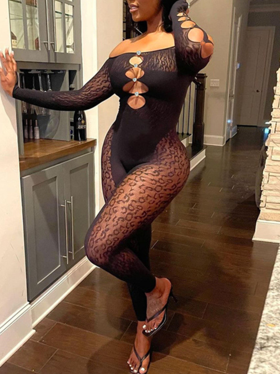 LW SXY Off The Shoulder See Through Rhinestone Decor Jumpsuit