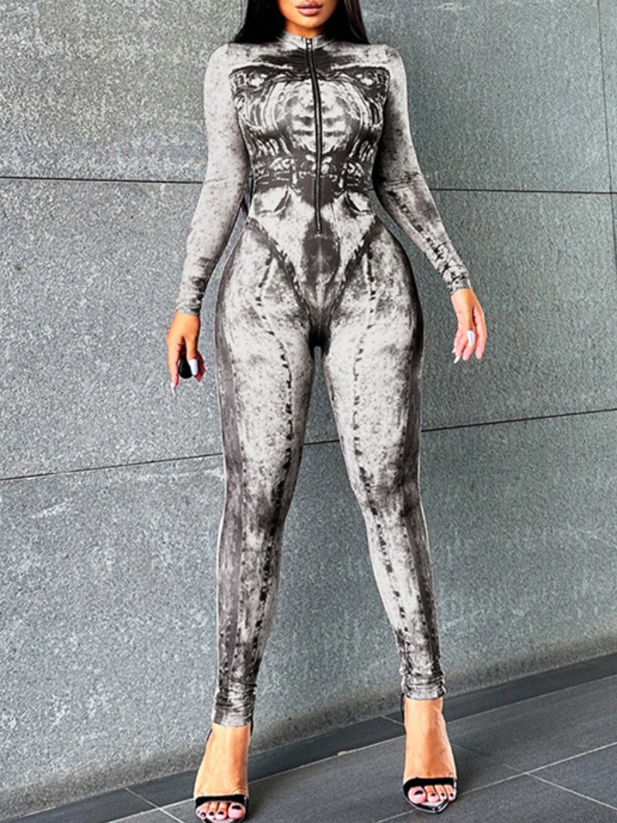LW Tie Dye Zipper Design Skinny Jumpsuit