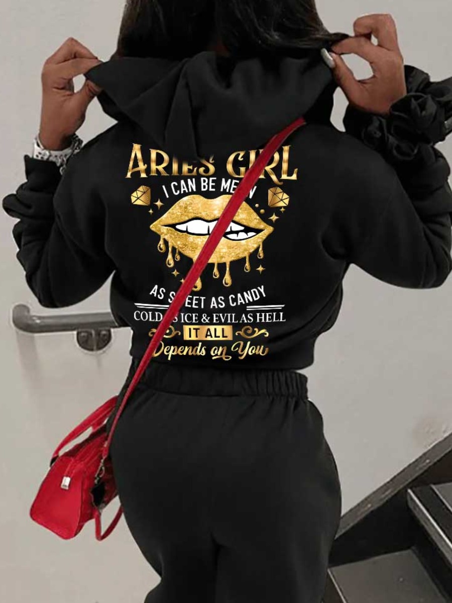 LW Plus Size Lip Letter Print Kangaroo Pocket Hoodie