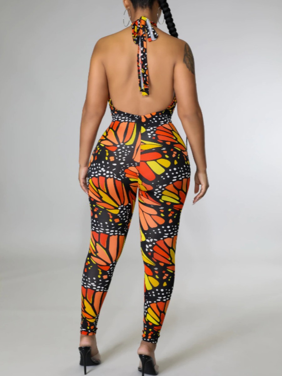 LW Mixed Print Bandage Design Backless Jumpsuit