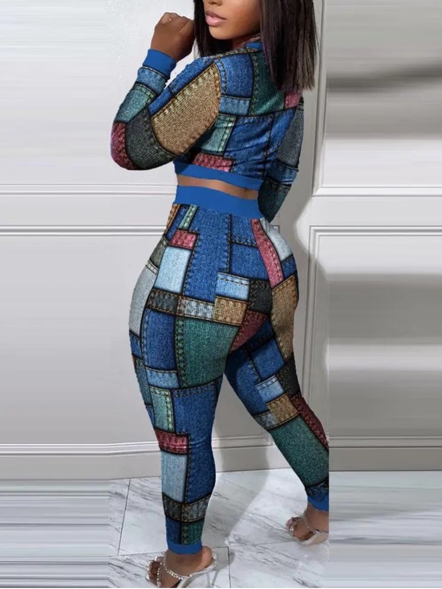 LW Imitation Denim Crop Top Patchwork Skinny Pants Set