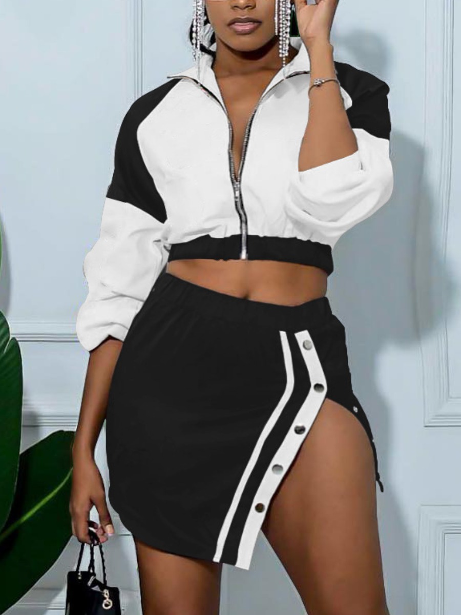 LW Crop Top Button Design High Split Skirt Set