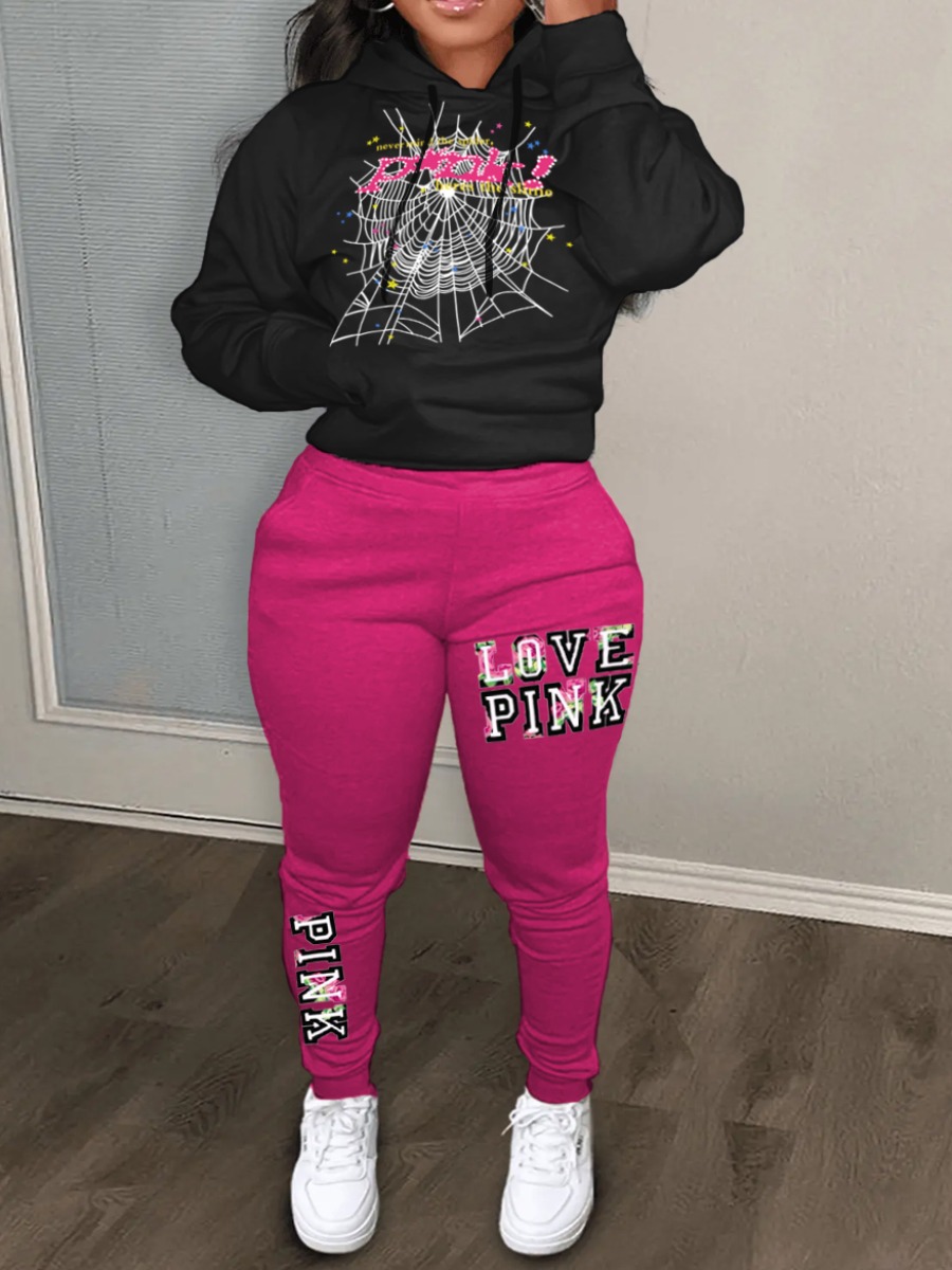 LW Spider Web Pink Letter Print Tracksuit Set