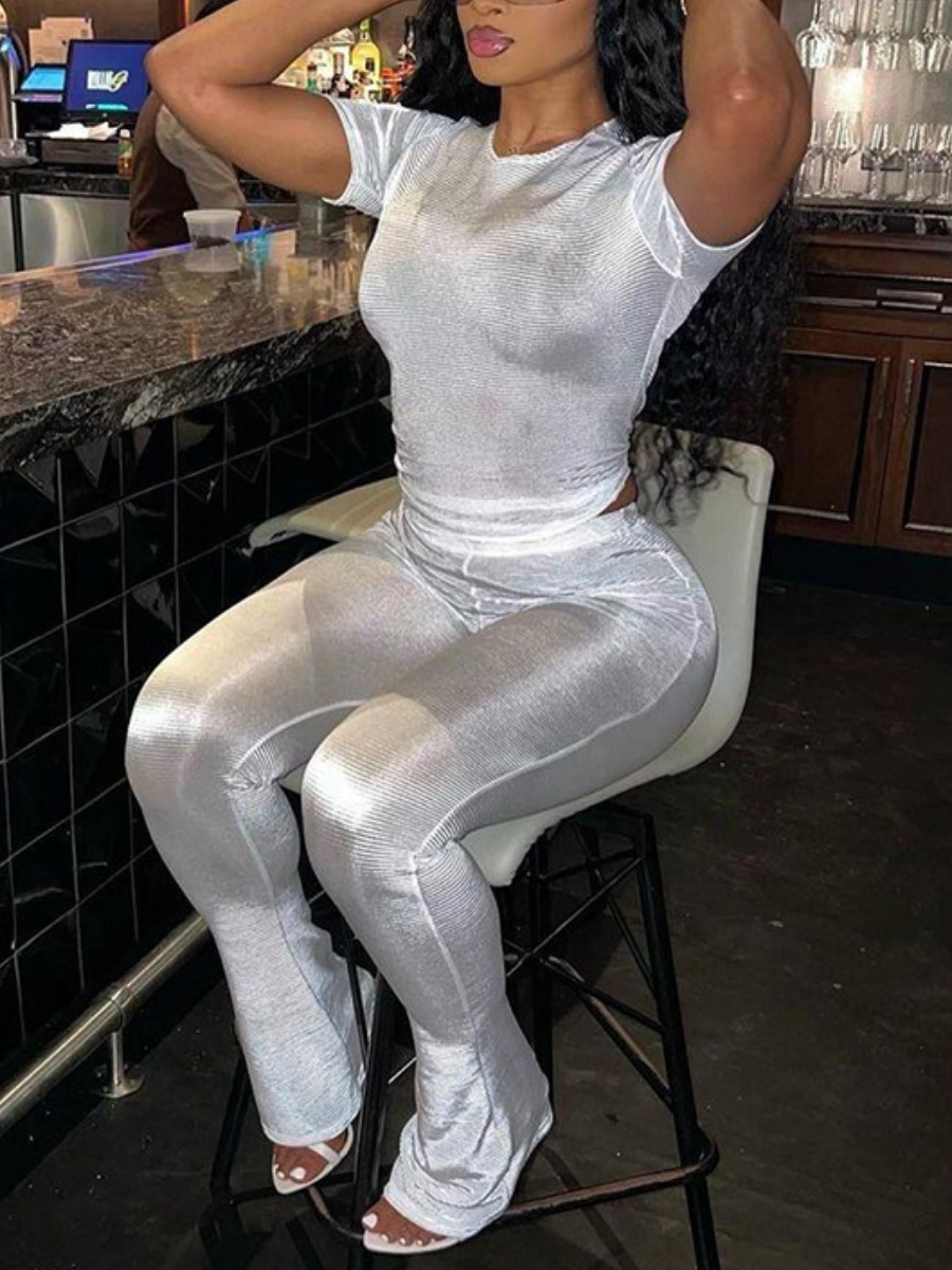 LW BASICS Round Neck Skinny Flared Pants Set