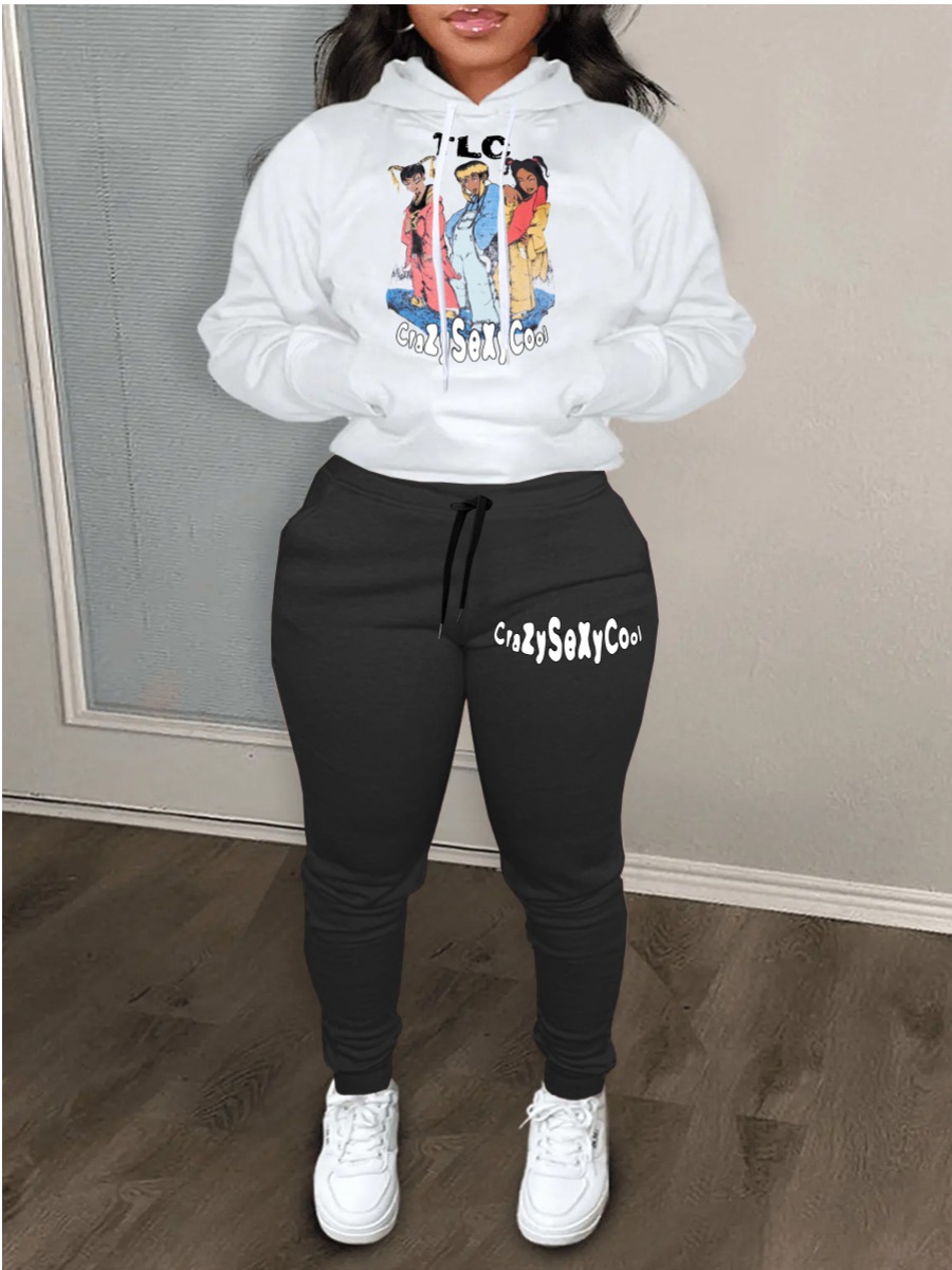 LW Figure Letter Print Kangaroo Pocket Tracksuit Set