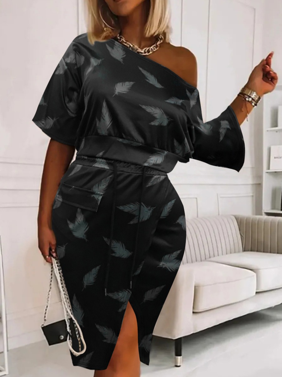 LW BASICS Plus Size Floral Print Drawstring Slit Skirt Set