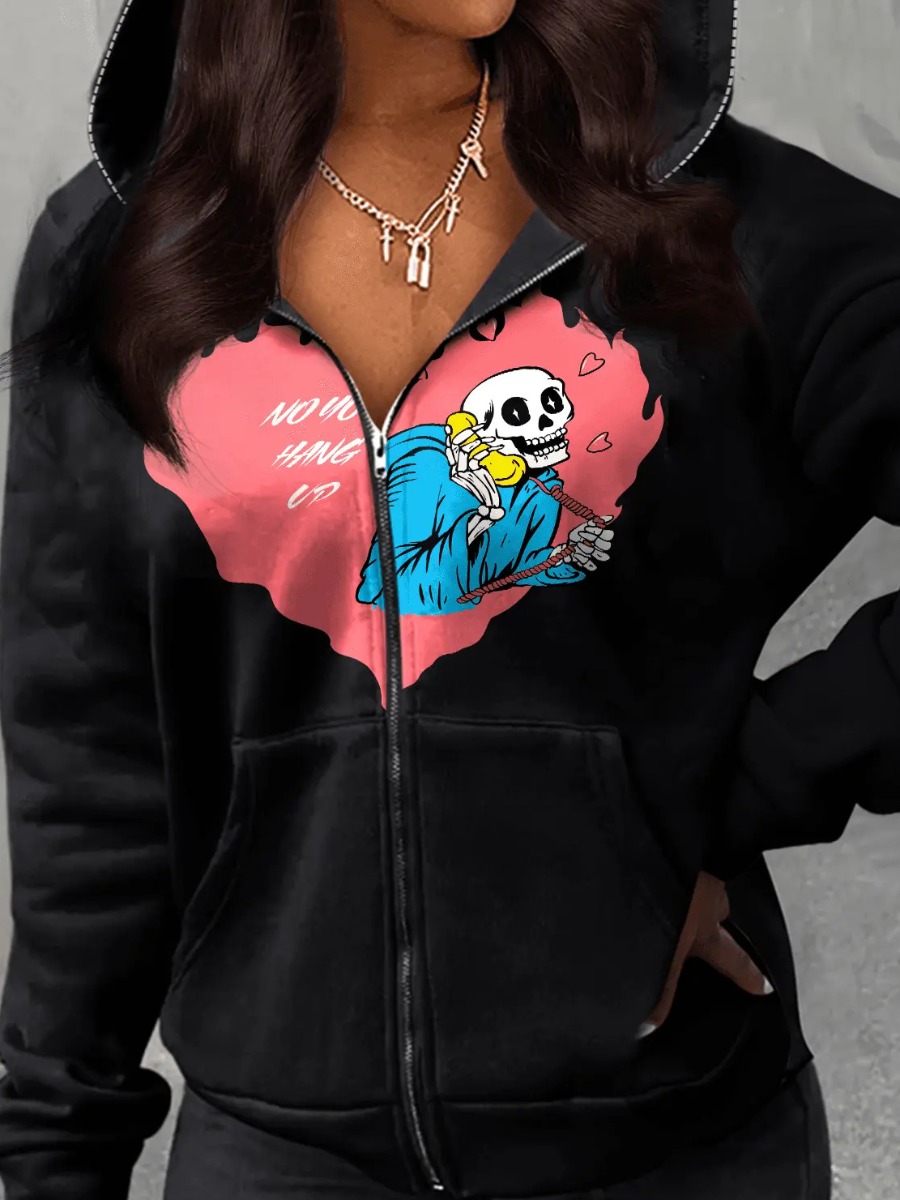 LW Skull Head Heart Print Kangaroo Pocket Hoodie