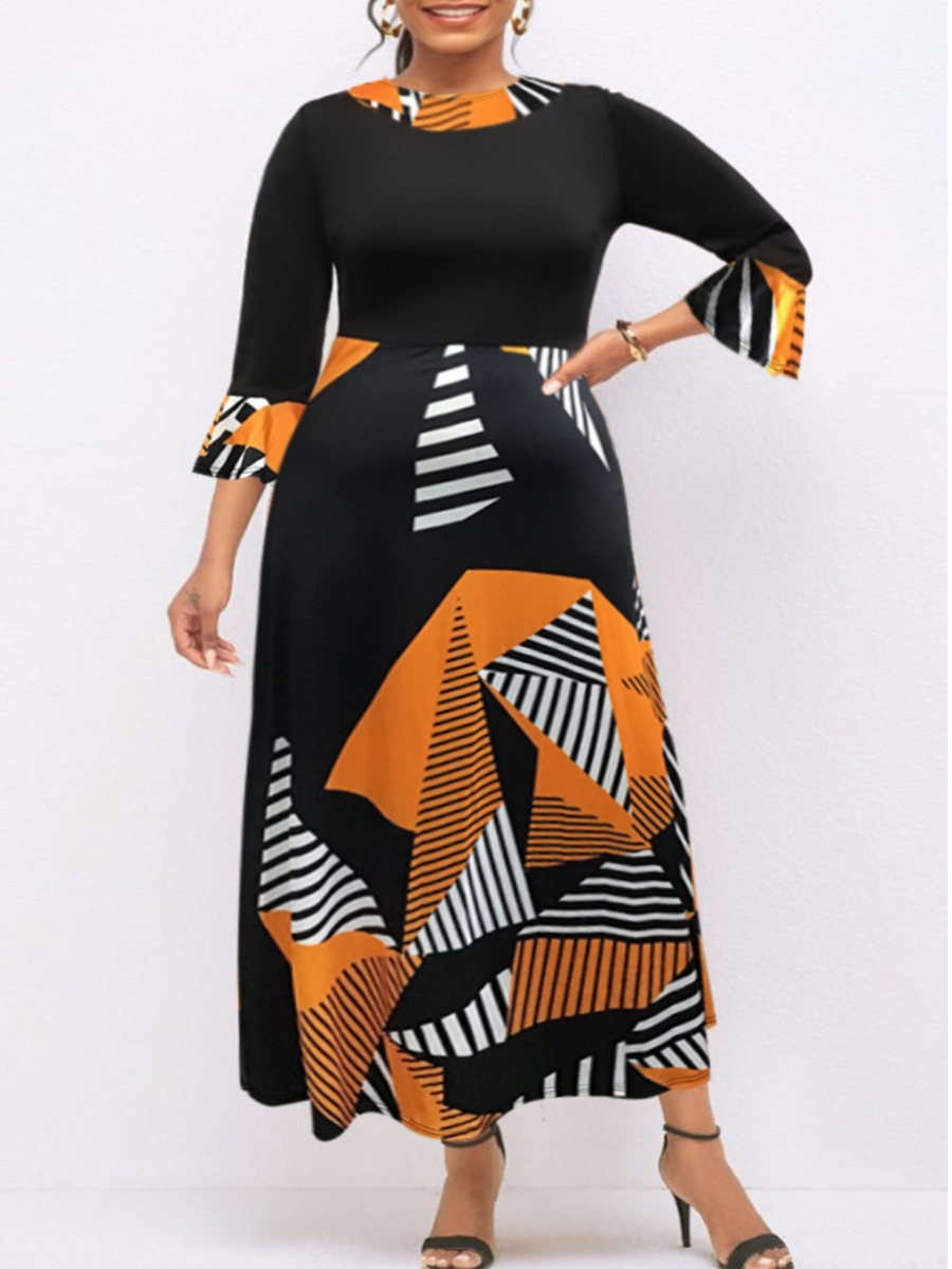 LW BASICS Plus Size Mixed Print Long Sleeve Regular Dress
