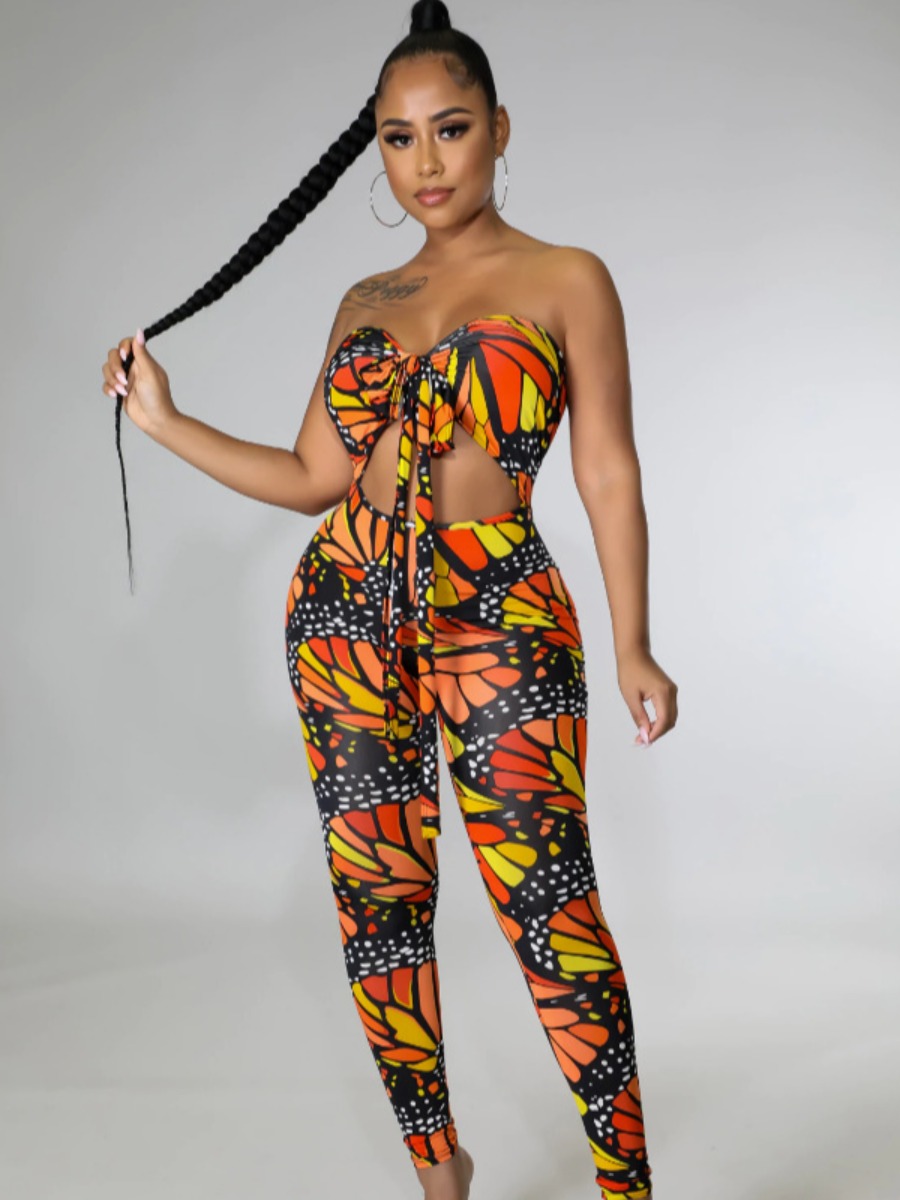 LW Mixed Print Bandage Design Backless Jumpsuit